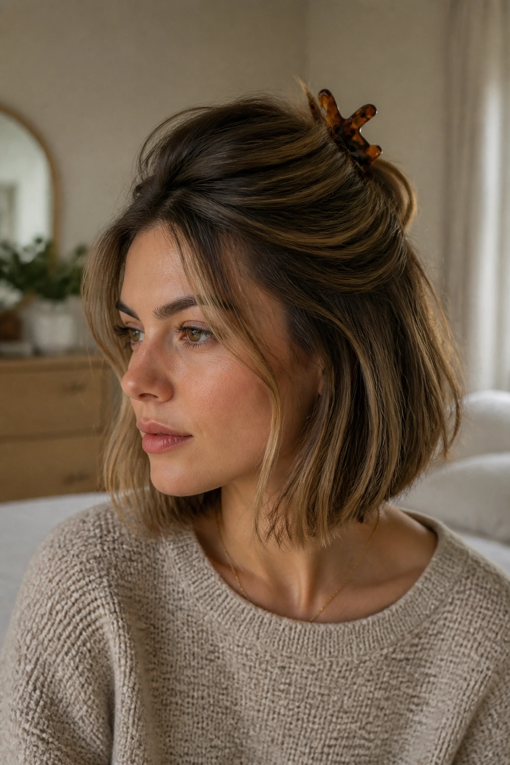 Close-up of a real woman with half-up claw-clip bob in a sunlit room
