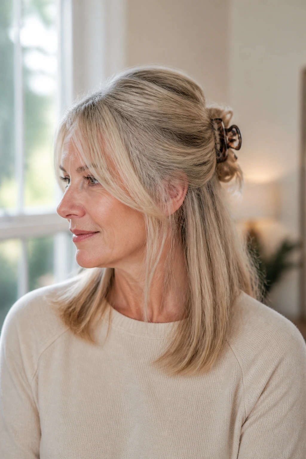 Real woman with half-up claw-clip hairstyle, ends softly fanned