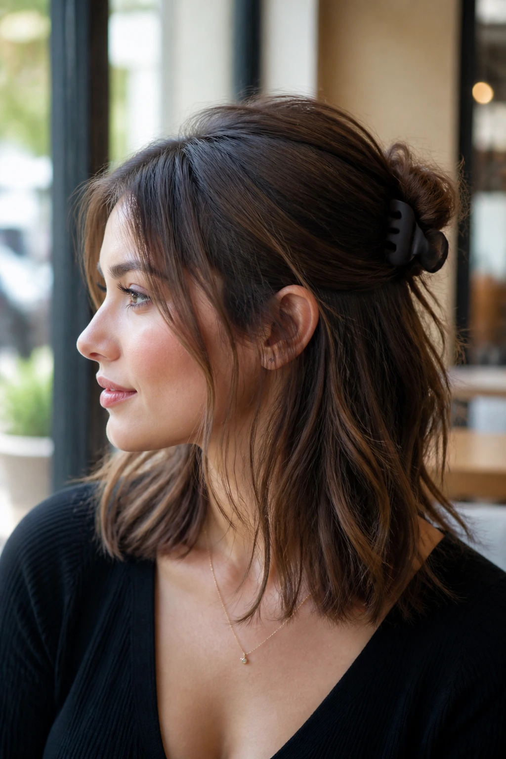 Close-up portrait of a real woman wearing a half-up claw clip lift.
