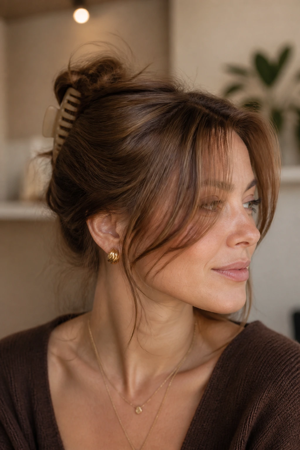Close-up of real woman with half-up claw clip and loose bangs in warm indoor light.