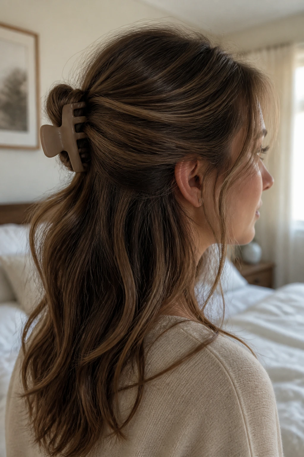 Close-up of a real woman with a half-up twist secured by a claw clip