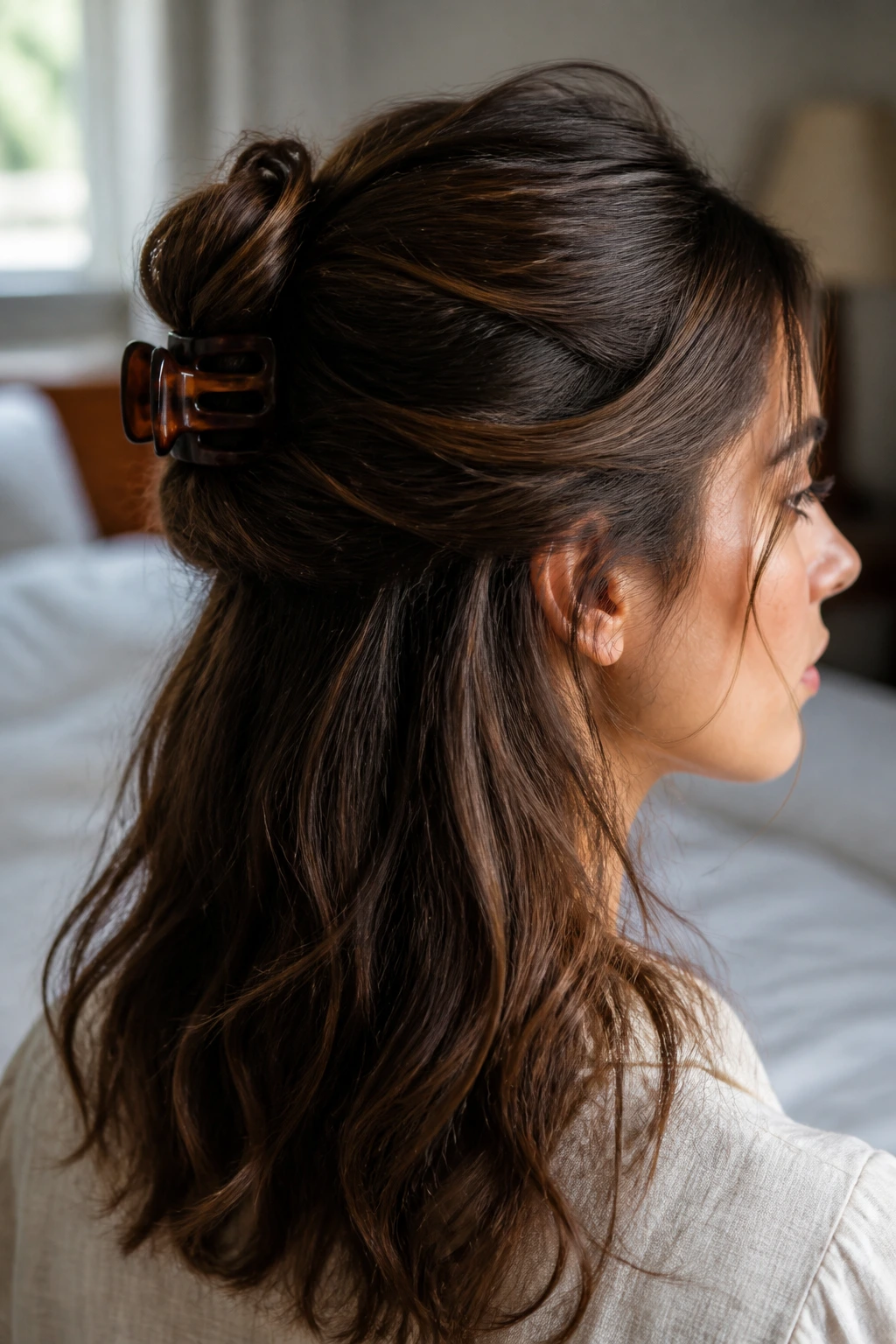 Close-up portrait of a woman with half-up claw-clip roll hairstyle in natural window light