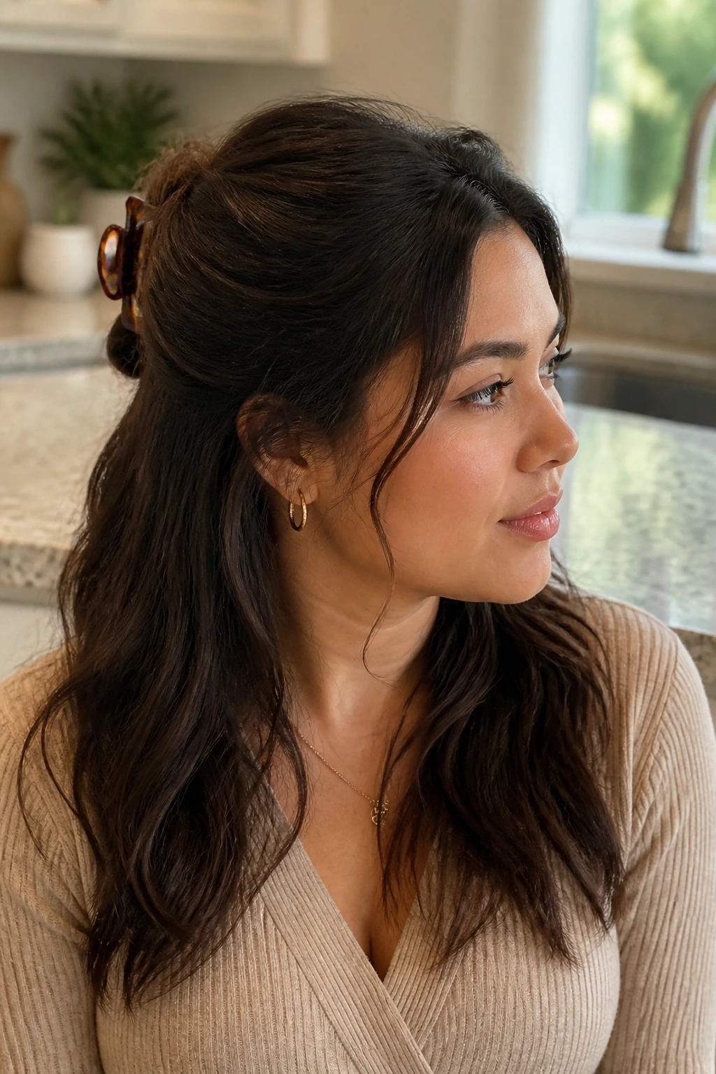 Close-up of a real woman with half-up twist held by a claw clip
