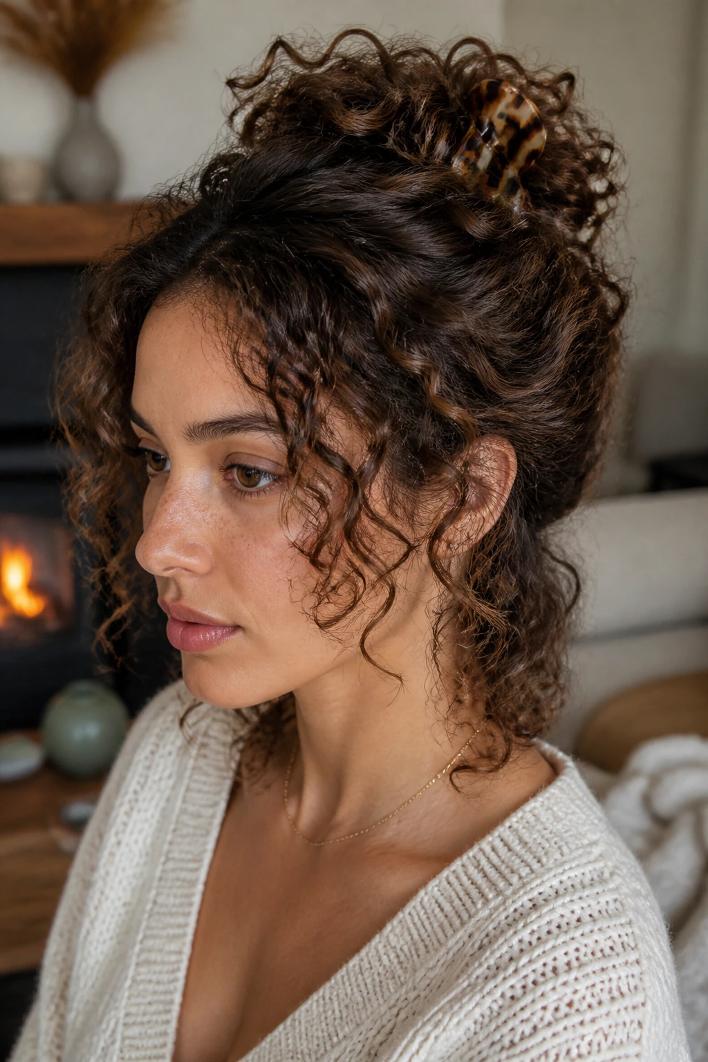 Close-up of a woman with a half-up twist secured by a claw clip