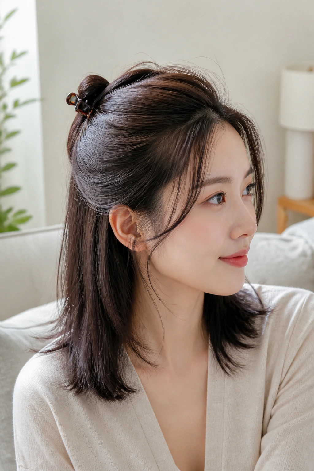 Close-up of a real woman with a half-up twist secured by a claw clip