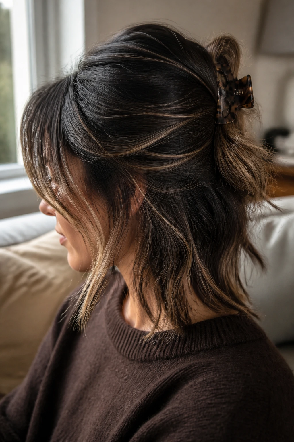 Portrait of a woman with a half-up claw clip twist and airy ends.