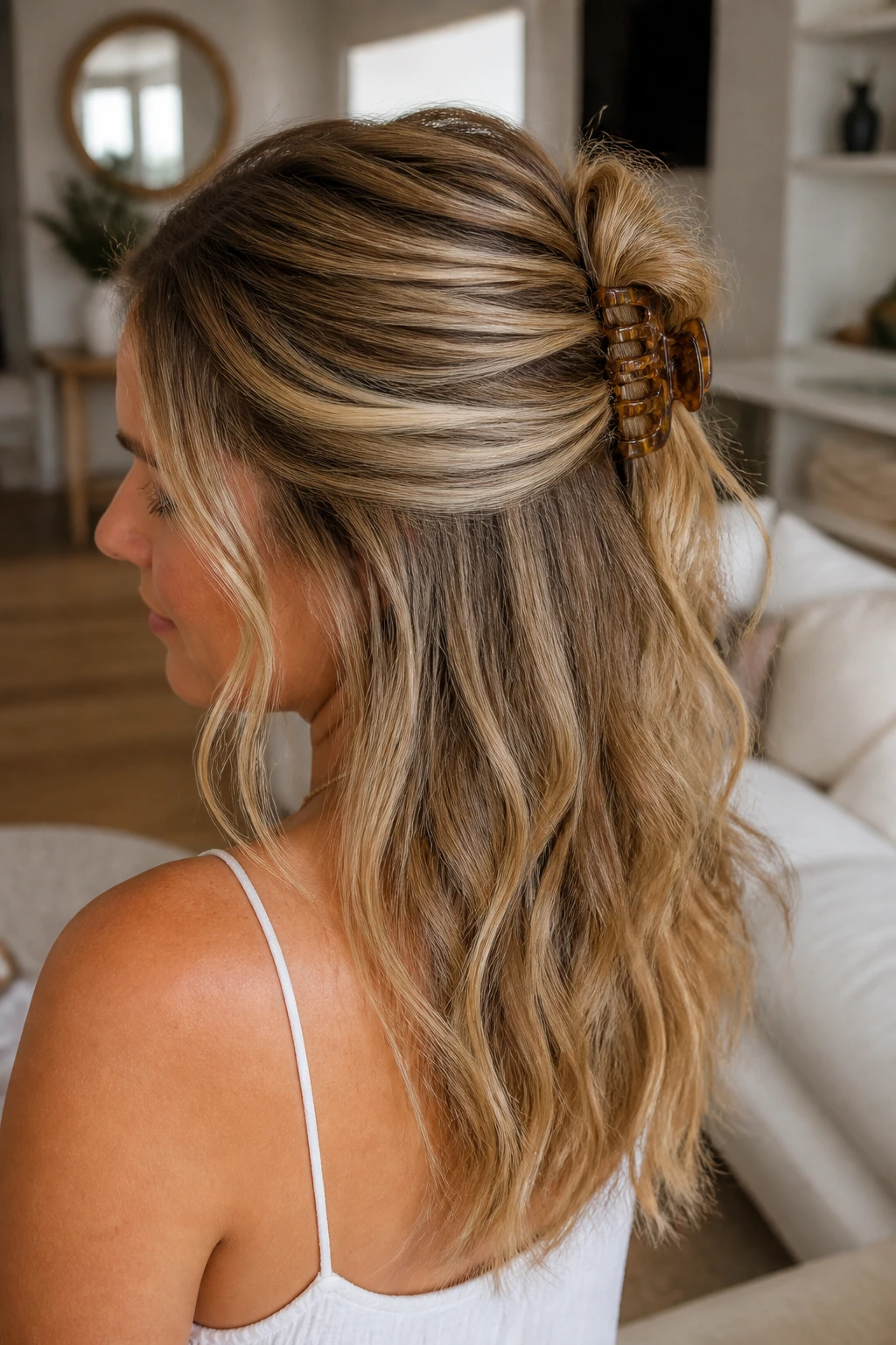 Real person with half-up claw clip twist hairstyle