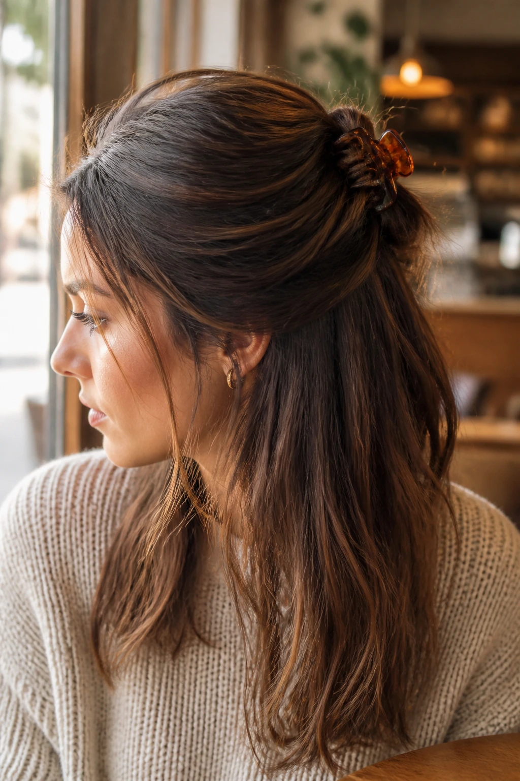 Close-up of a real woman with a half-up hairstyle secured by a claw clip