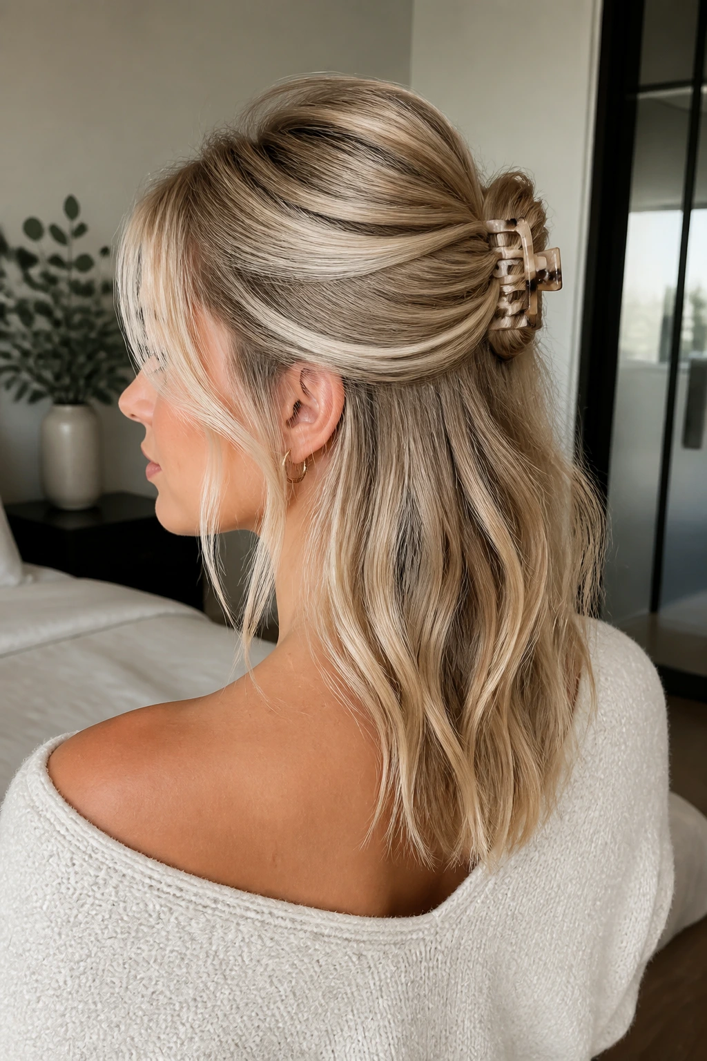 Portrait of a real woman with rolled half-up claw clip style in blonde hair