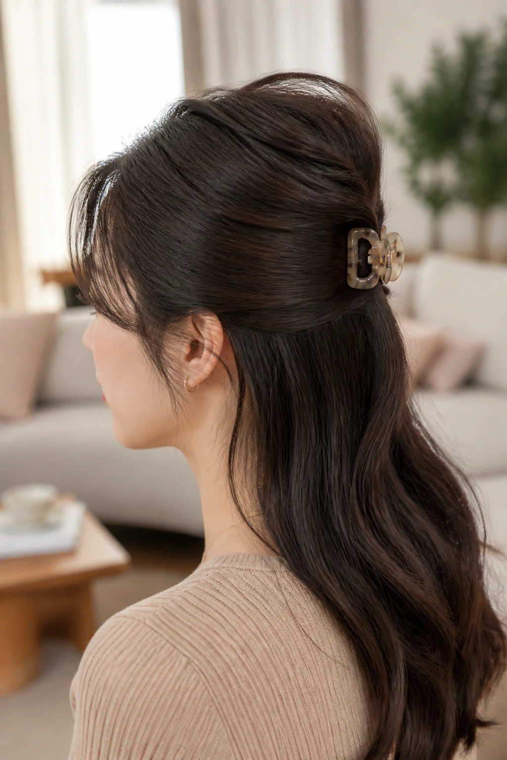 Close-up showing half-up twist secured with a claw clip on a real person