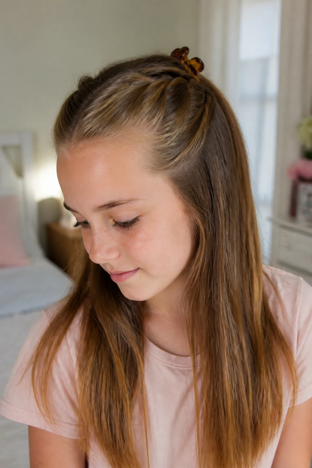 Close-up of a real girl with a half-up crown twist secured by a mini clip