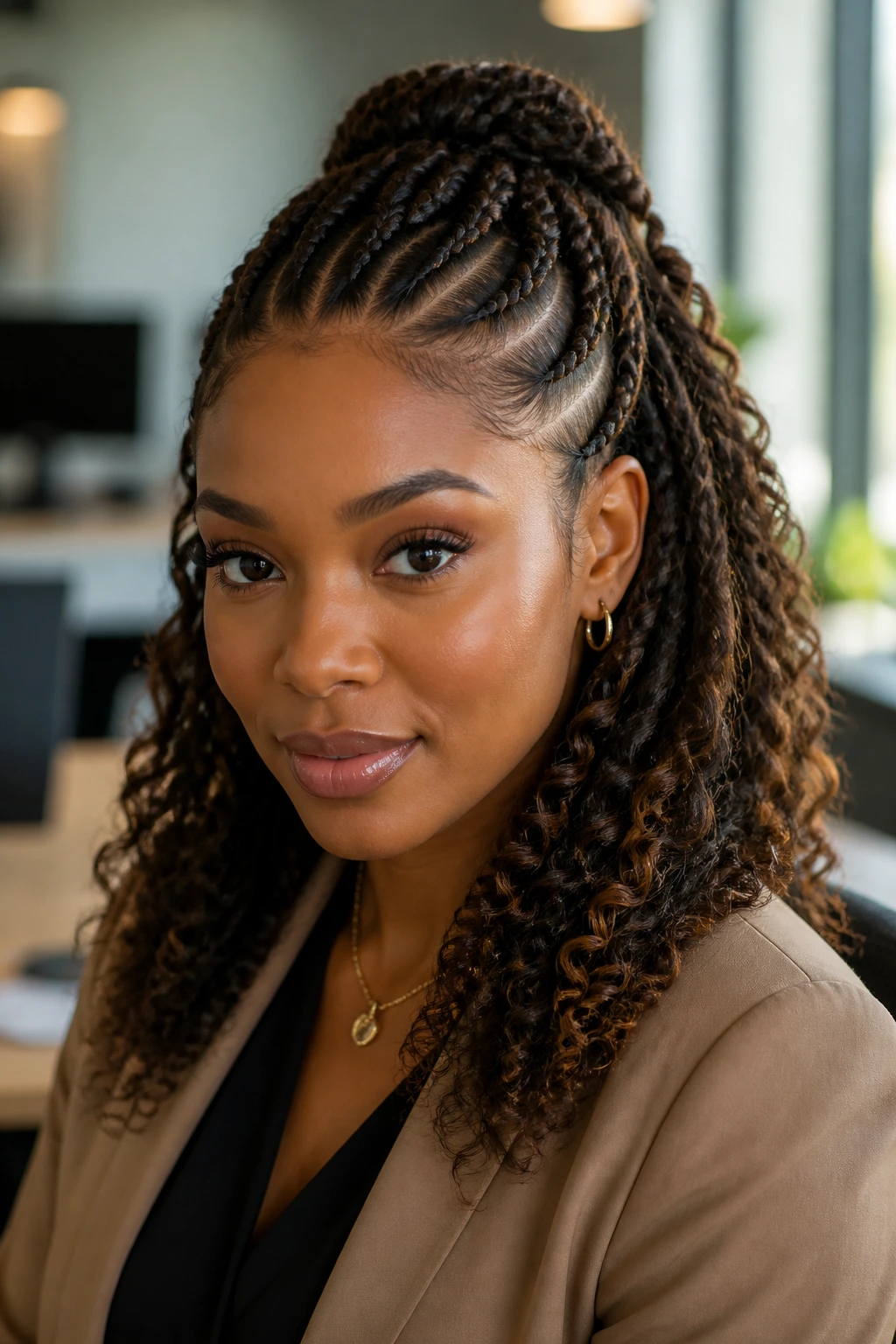 Close-up of a real woman with half-up half-down cornrows and curls in a professional setting