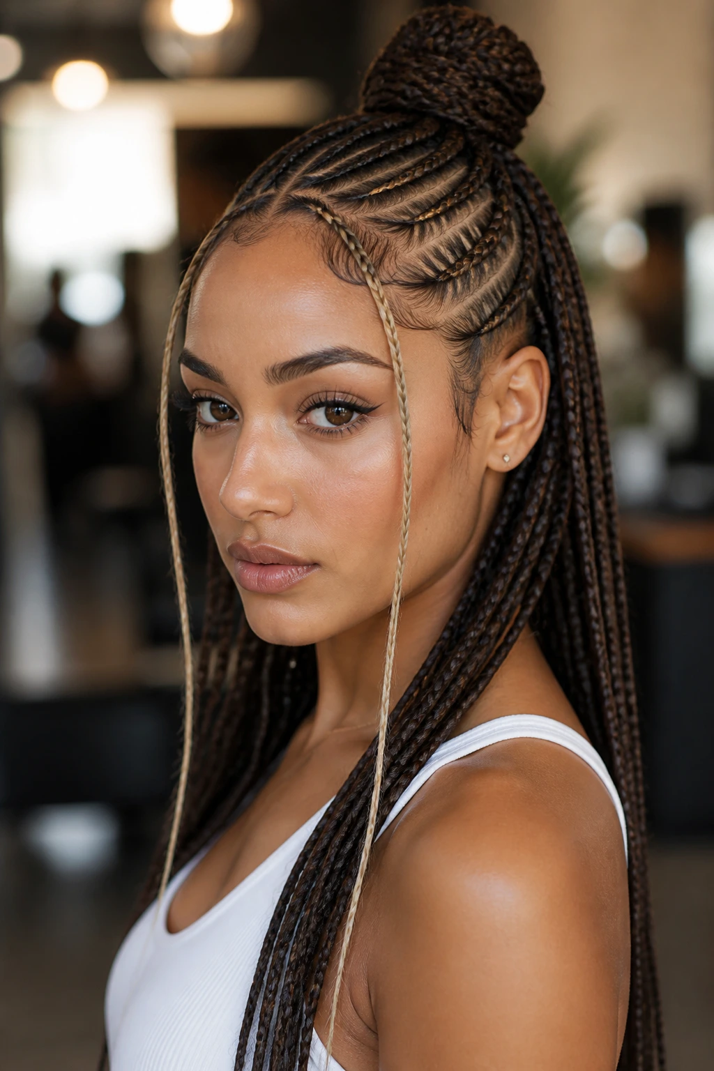 Close-up portrait of a real woman with half-up half-down cornrows and a bright face frame in a sunlit salon