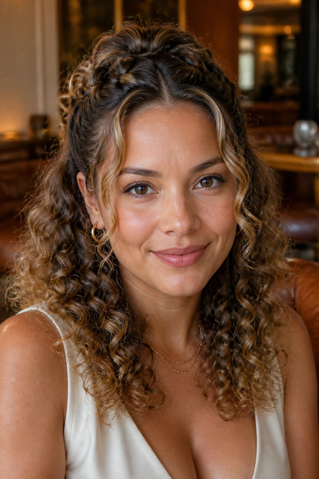 Close-up of a real woman with half-up crown twist and loose ringlets.
