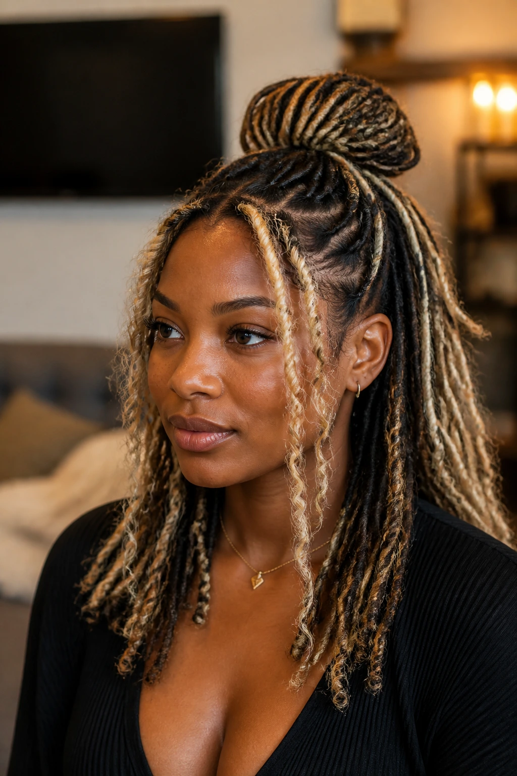 Close-up portrait of a real Black woman with half-up crown and blonde tendrils