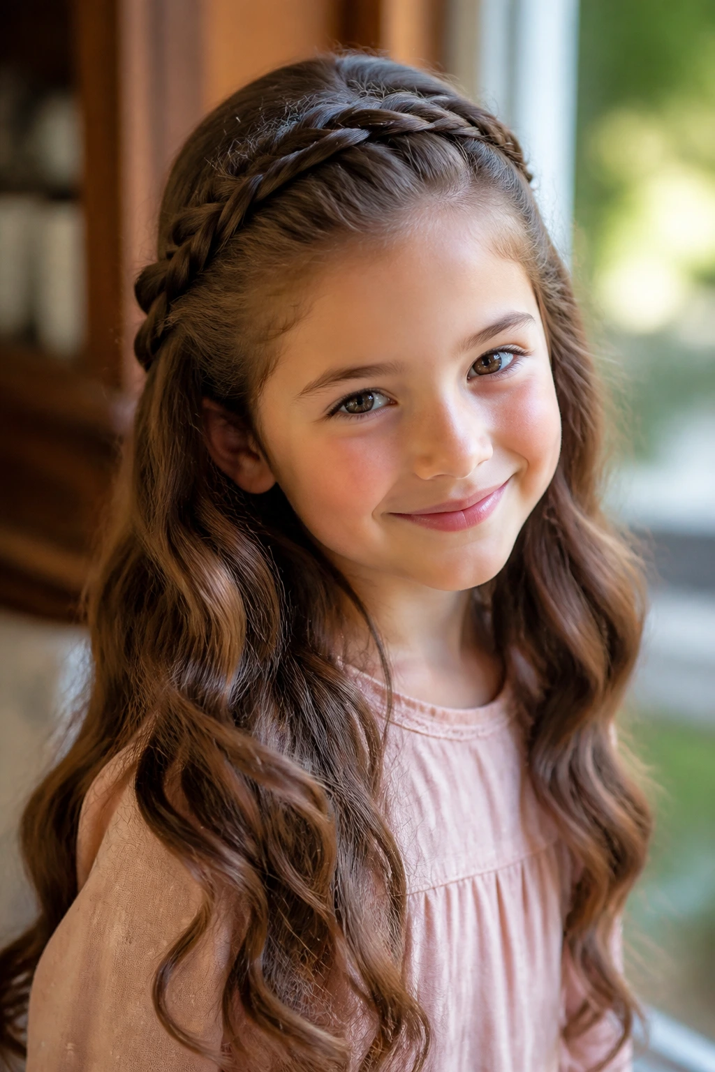 Real child with half-up crown braid around the head; hair waves visible
