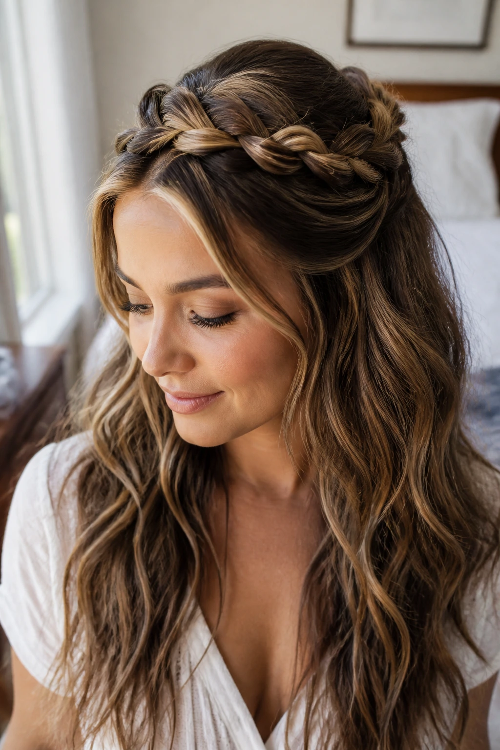 Close-up of a real woman wearing a half-up crown braid in a sunlit bedroom.