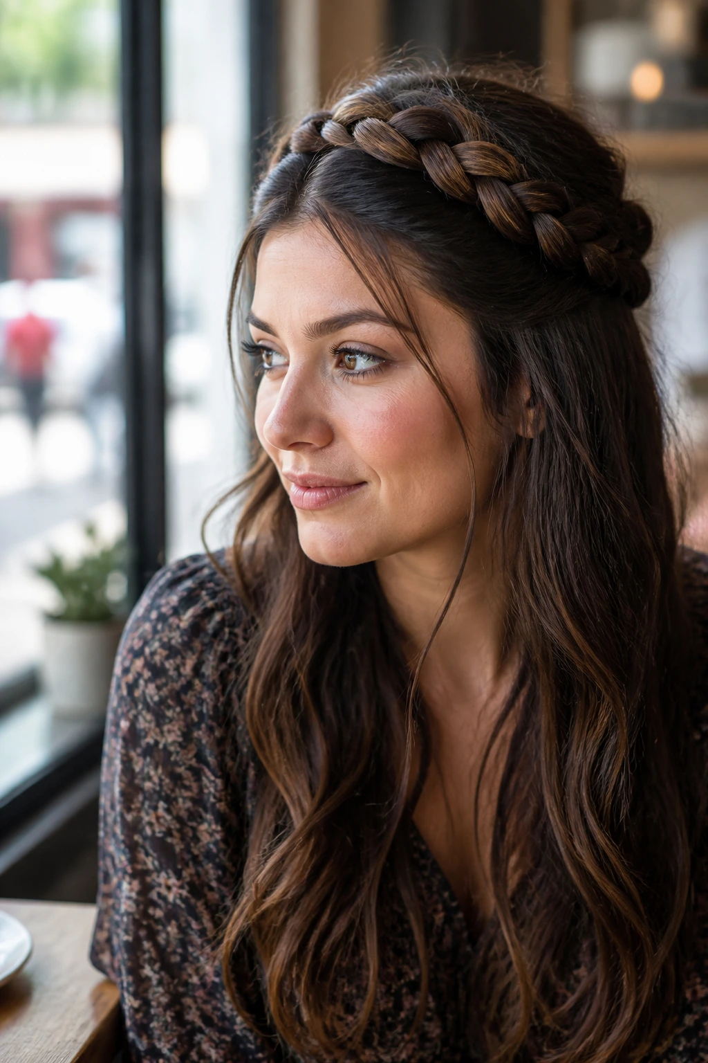 Close-up of a real woman wearing a half-up crown braid in sunny cafe light