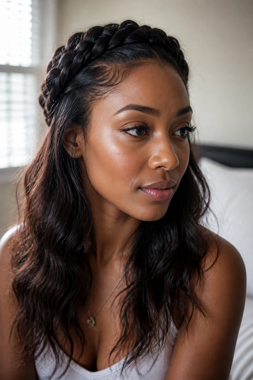 Close-up of a woman wearing a half-up crown braid