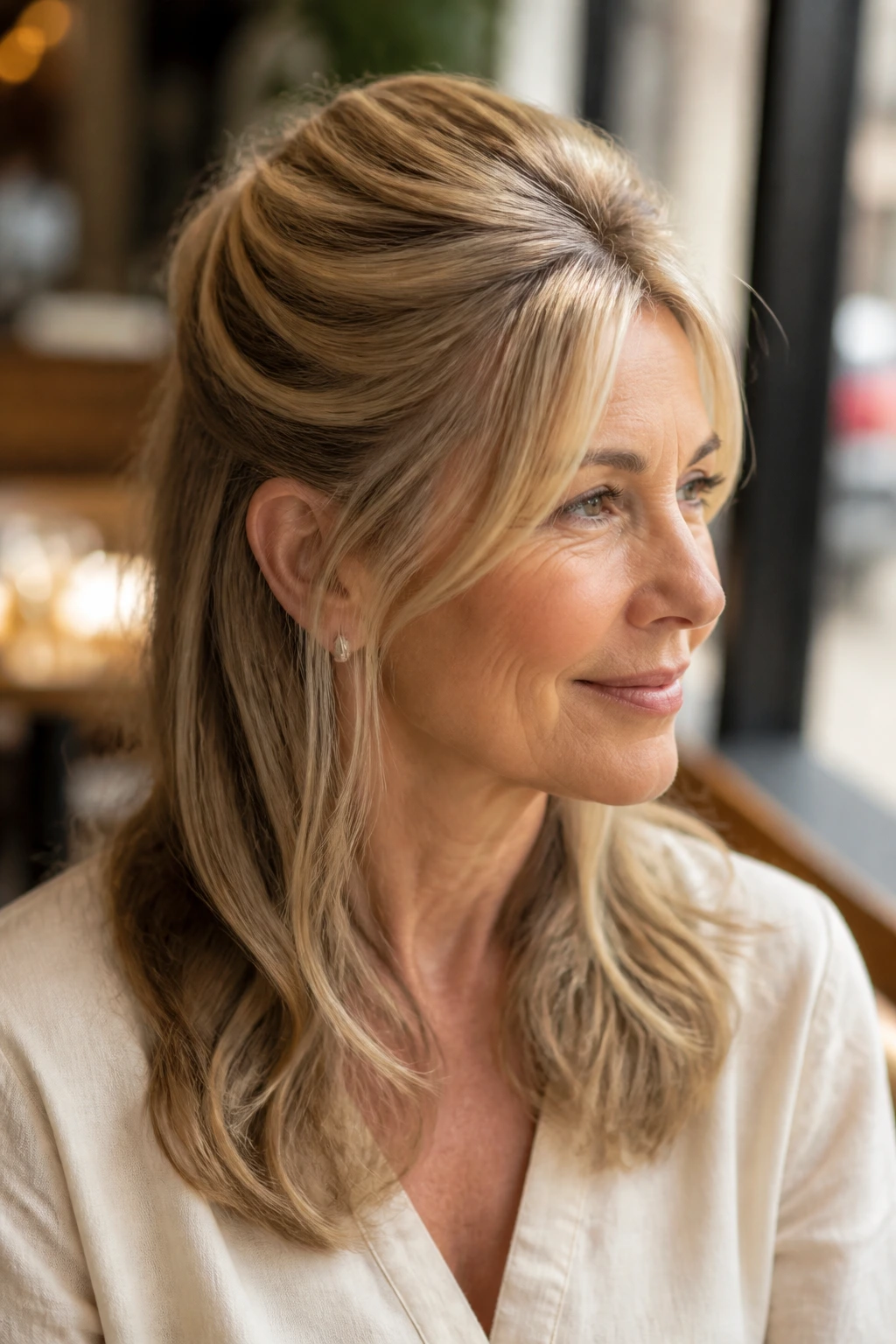 Real woman wearing a half-up crown hairstyle showing crown lift with discreet clip-ins