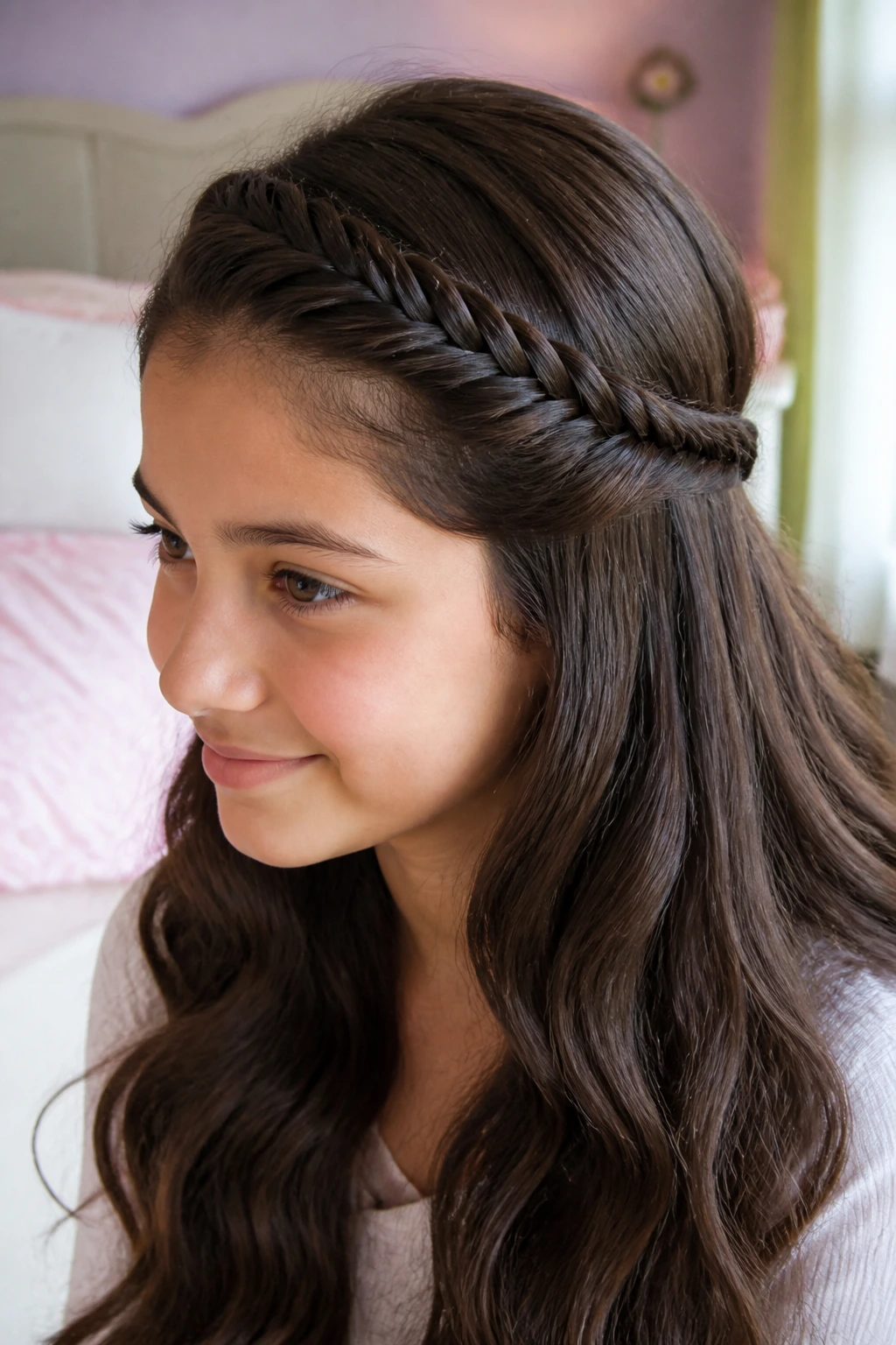 Real child with half-up fishtail crown hairstyle for school mornings