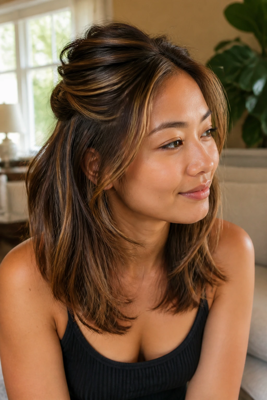 Close-up of a real woman with half-up crown layers and caramel highlights in warm window light
