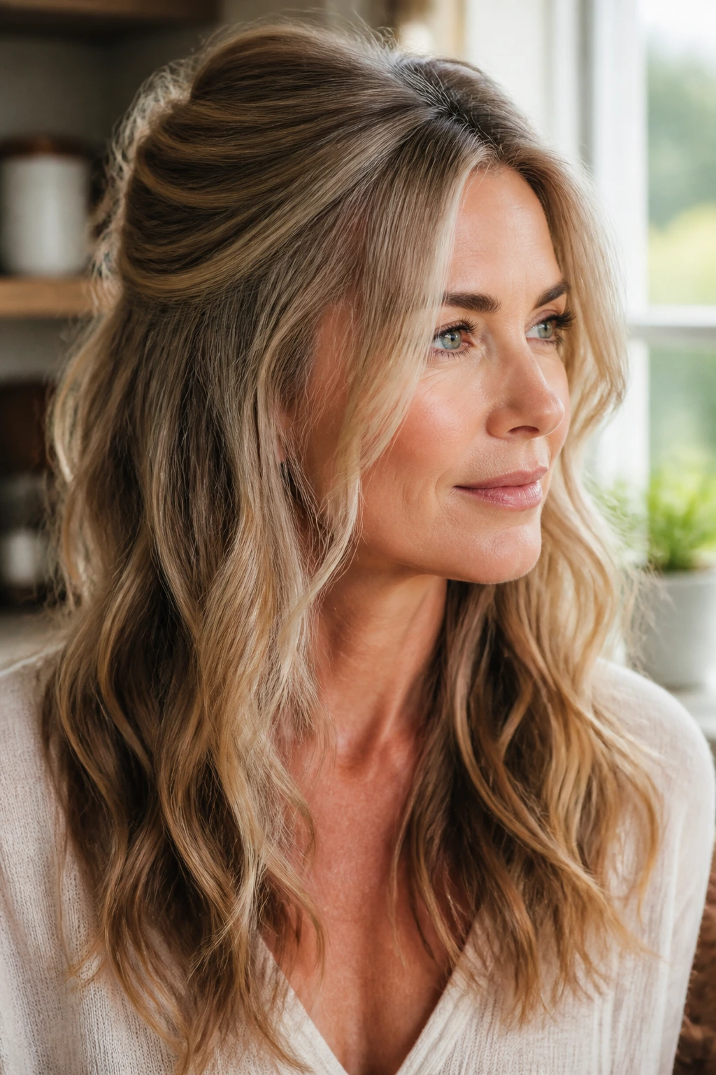 Real woman with half-up crown lift hairstyle in a sunlit kitchen.