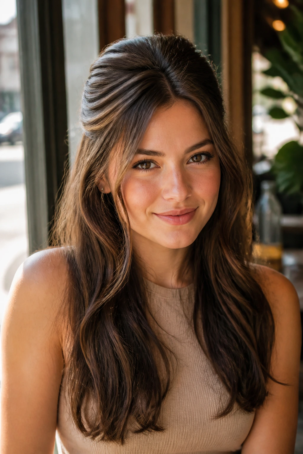 Close-up of a real woman with a half-up crown lift and long soft waves