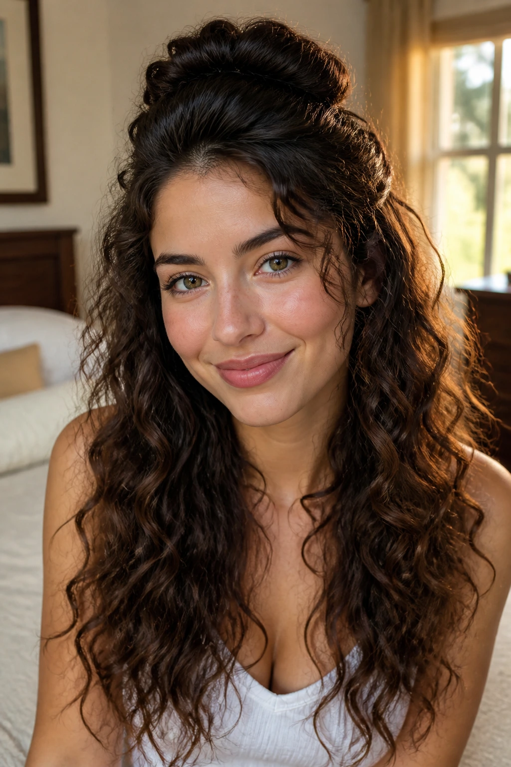 Real woman with half-up crown lift hairstyle on heart-shaped face in warm light