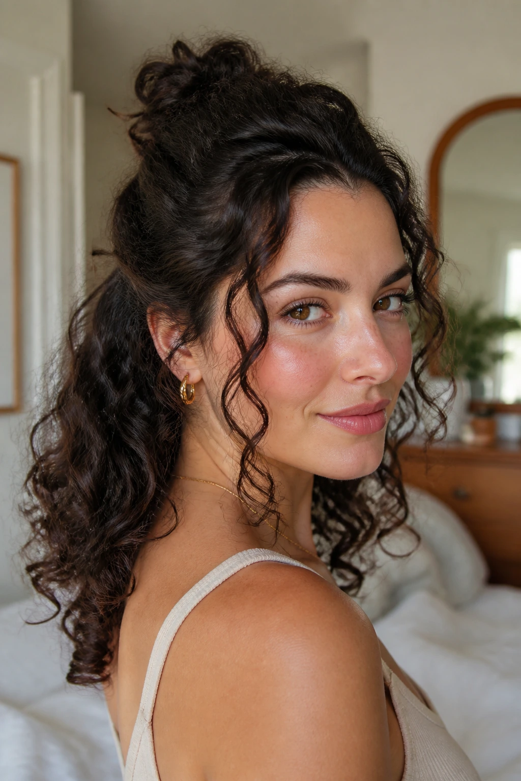 Close-up of a real person with a half-up crown lift and curls framing temples and nape