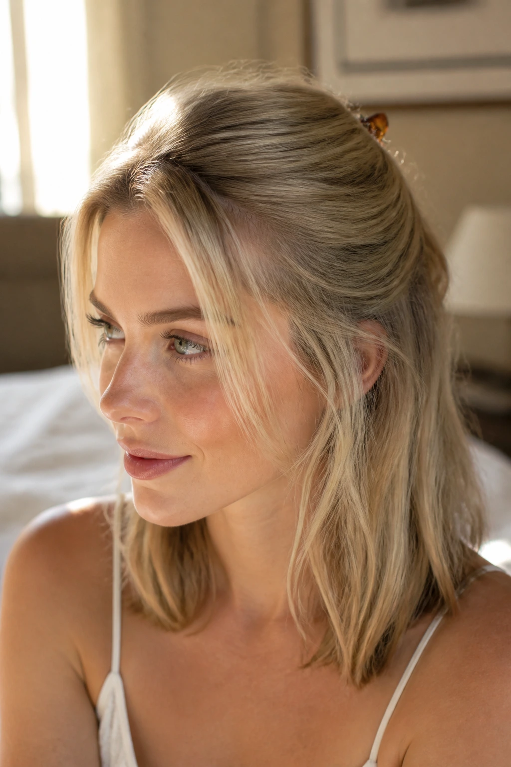 Real woman with half-up crown lift hairstyle secured with a discreet clip.