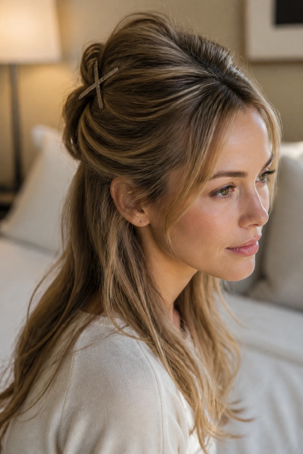 Close-up portrait of a real woman showing a half-up crown lift hairstyle with soft temple pieces in a warmly lit bedroom