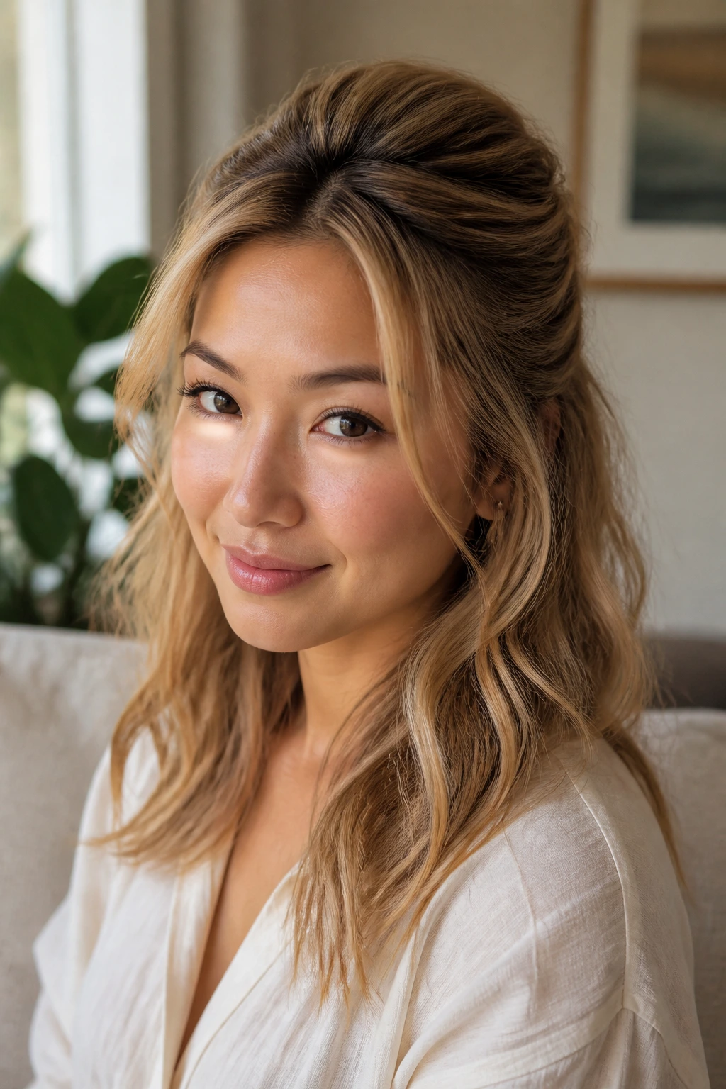 Close-up portrait of a real woman with half-up crown lift on warm undertone skin