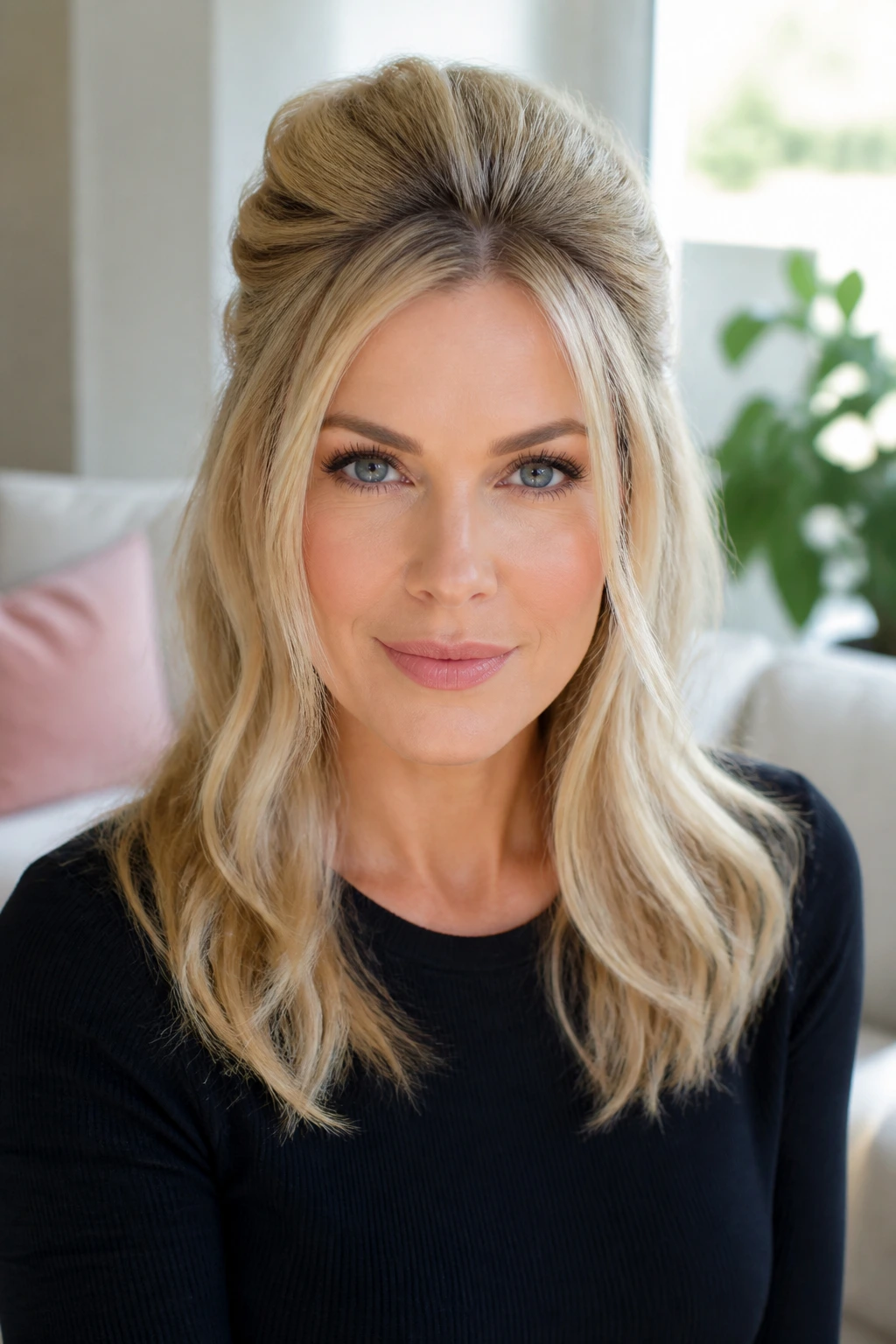 Portrait of a real person wearing a half-up crown lift hairstyle