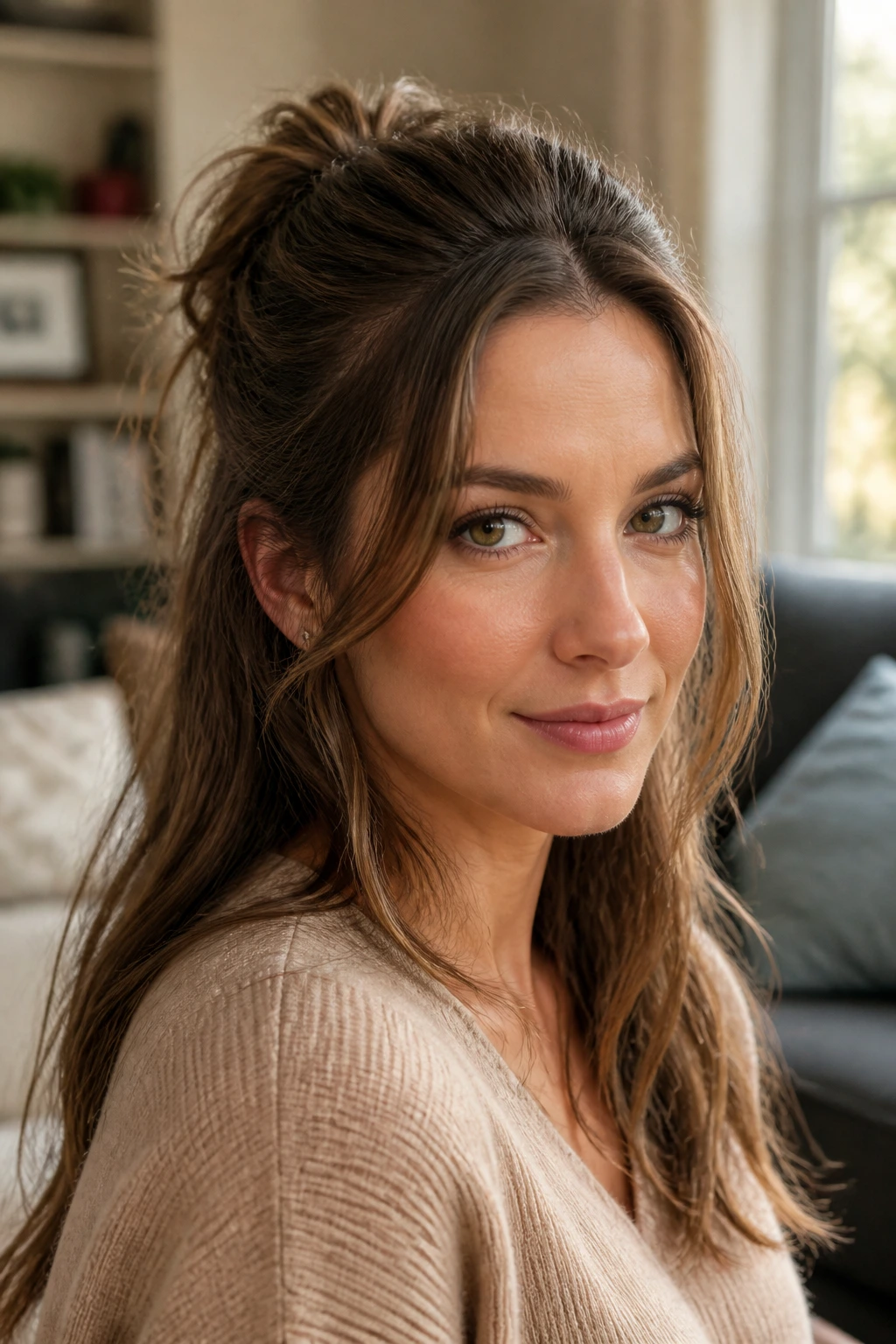 Portrait of a real woman with a half-up crown lift