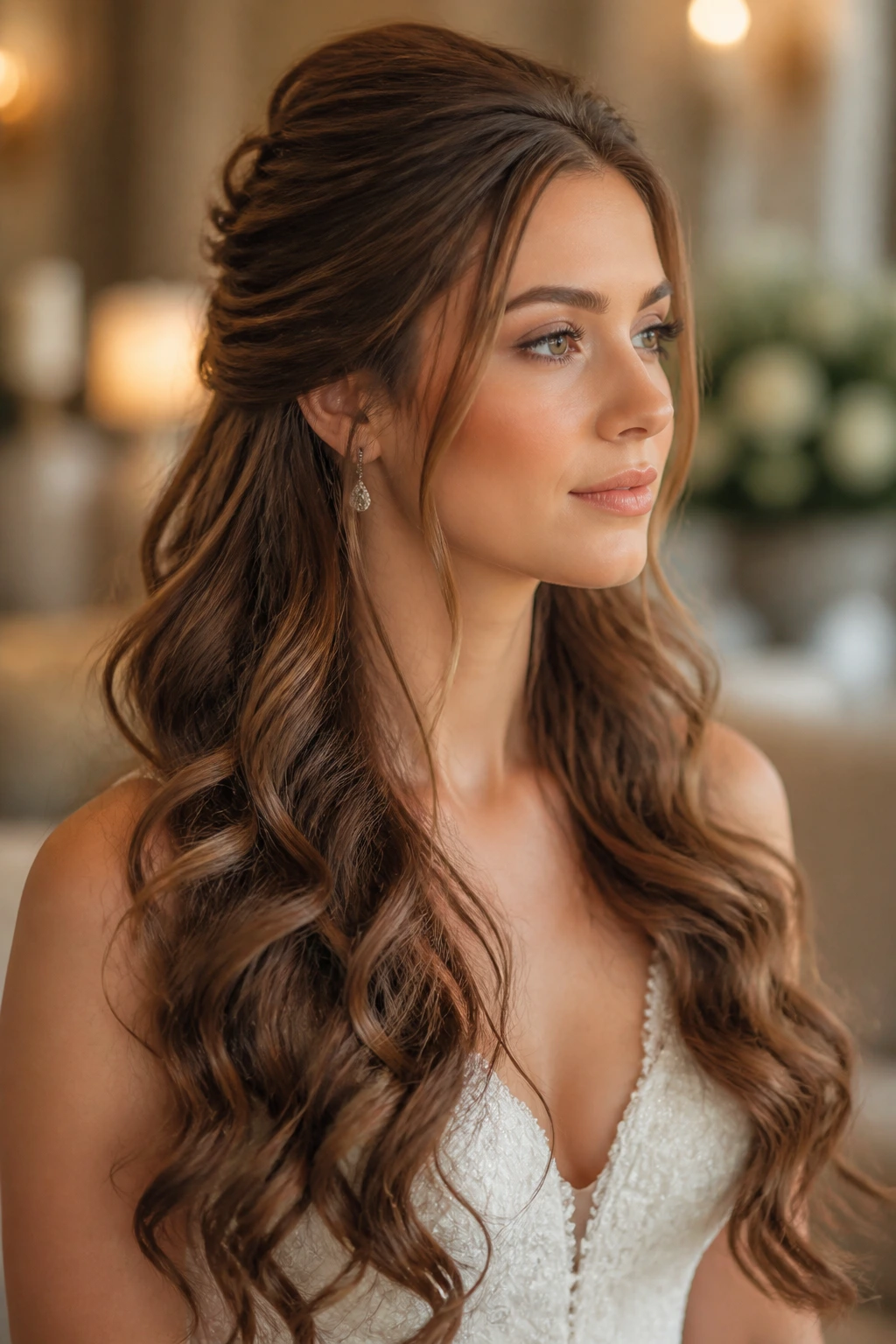 Woman wearing half-up crown lift with loose curls