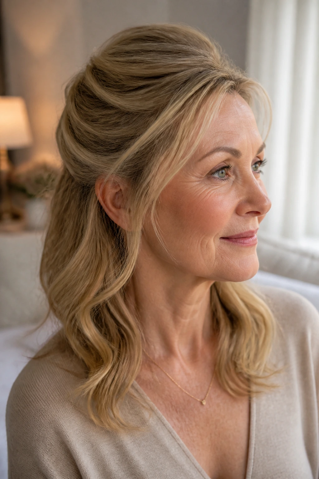 Close-up of a real woman with Half-Up Crown Lift hairstyle, crown lifted, soft lower waves, natural window light