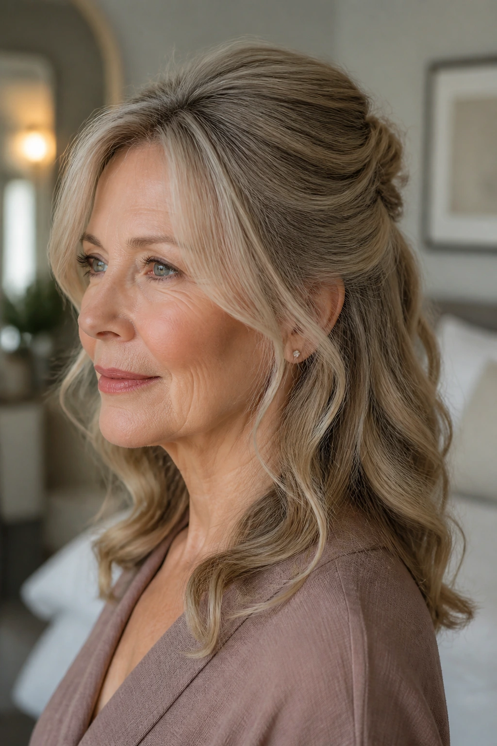 Close-up of a real woman with half-up crown lift and soft waves
