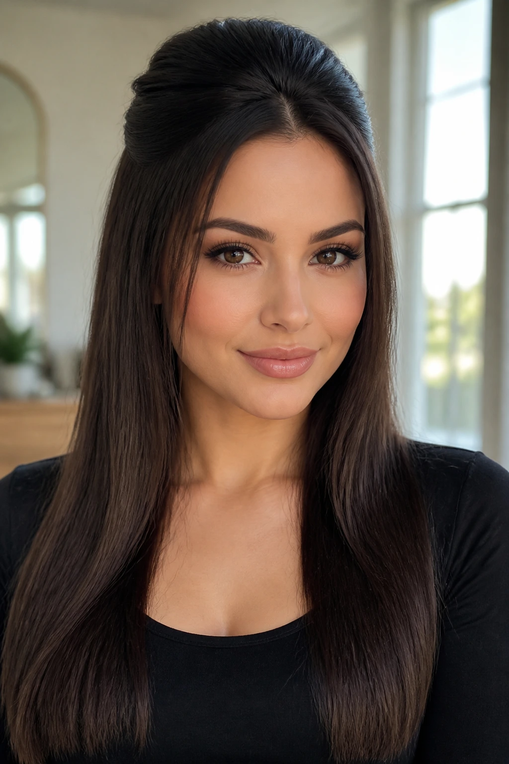 Close-up of real person with half-up crown lift and straight ends