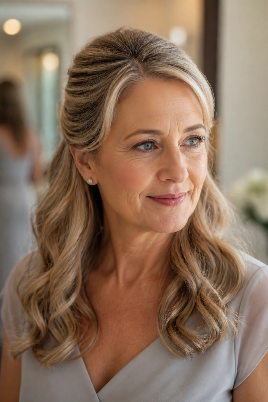 Close-up of a real woman with half-up crown lift and soft waves.