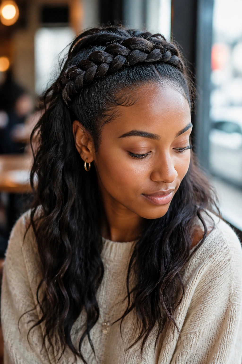 Close-up portrait of a real person with a half-up crown and loose beachy waves