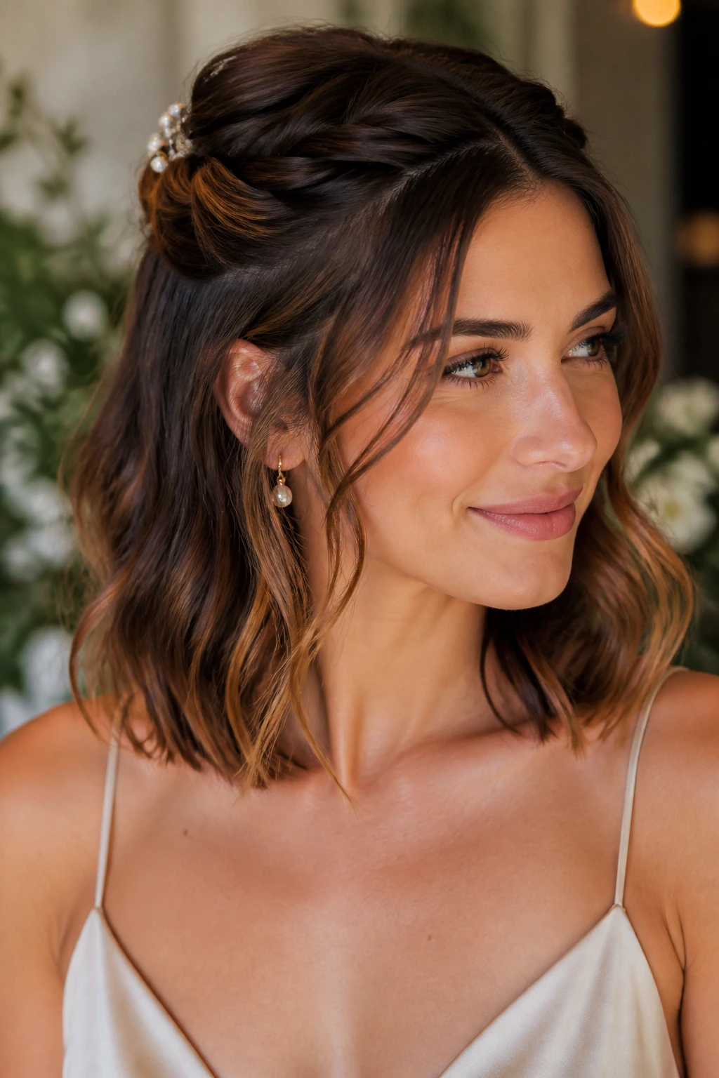 Real woman with twisted half-up crown hairstyle