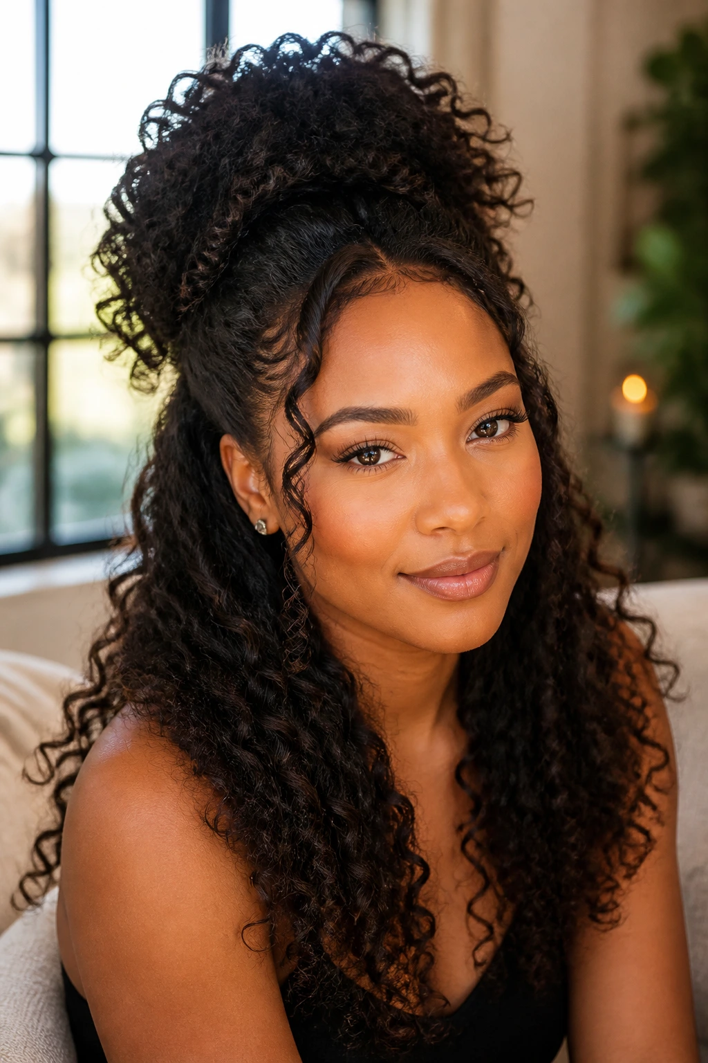 Close-up portrait of a real woman with half-up crown puff and loose curls