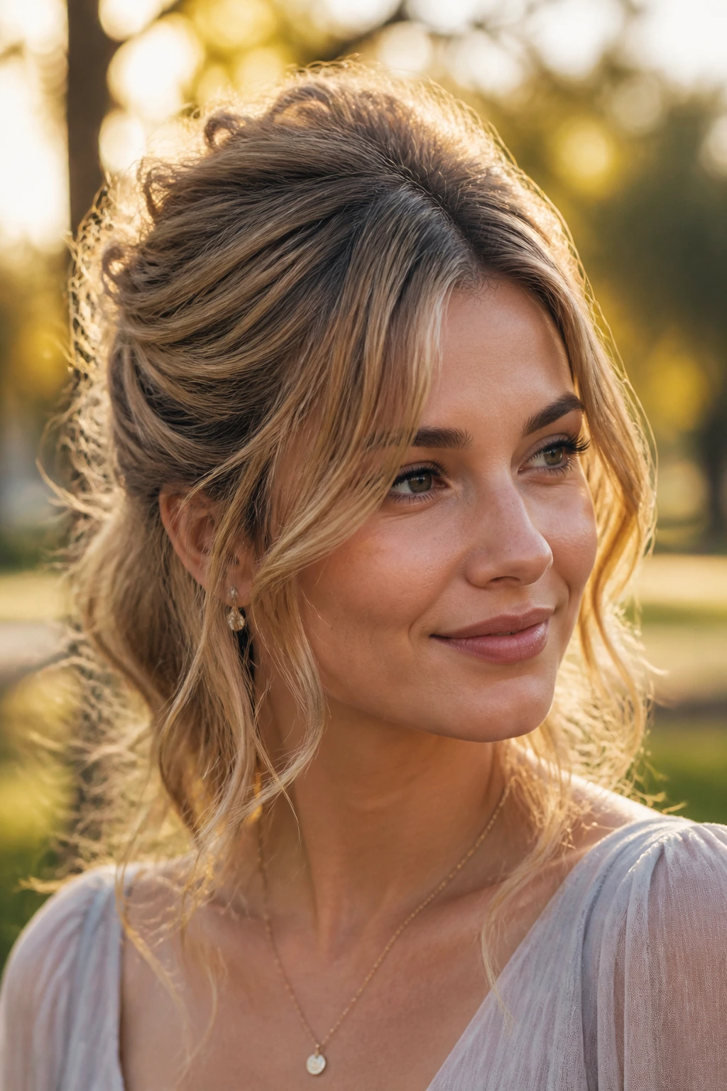 Close-up portrait of a real woman with half-up crown lift and loose tendrils