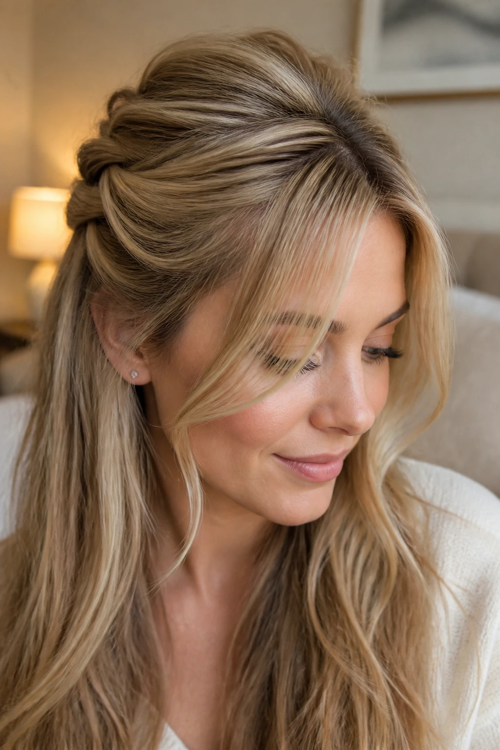 Close-up of a real woman with a half-up crown twist and face-framing bangs.