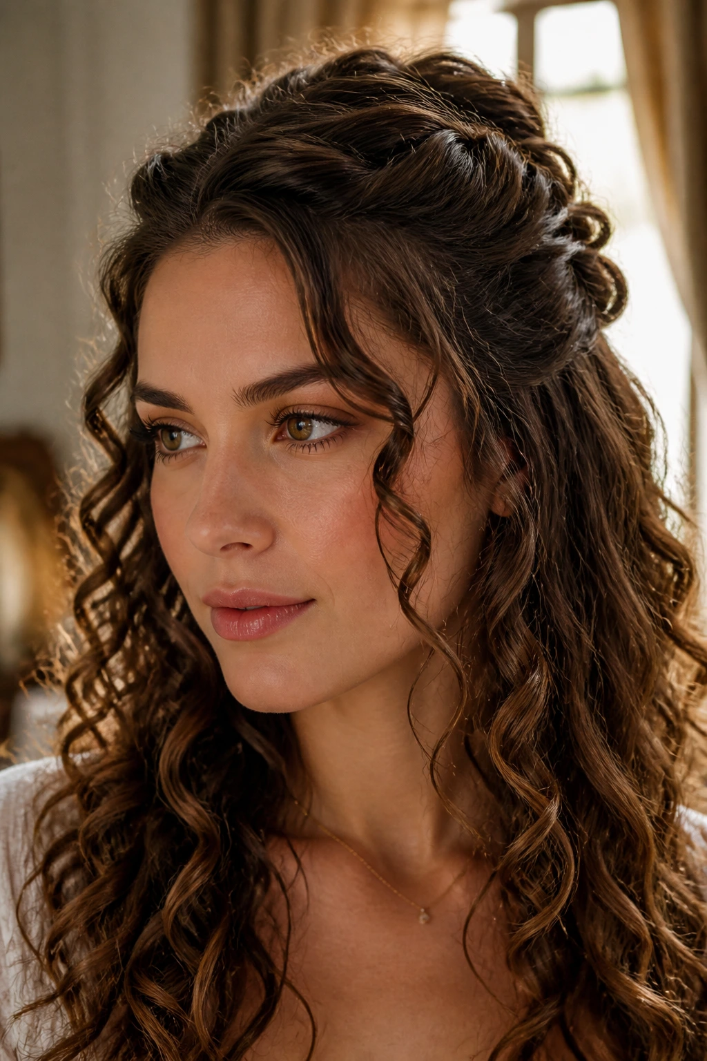 Close-up of a real woman with half-up crown twist curls