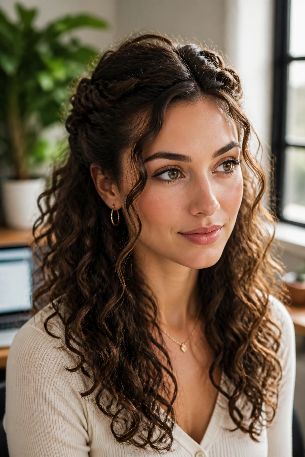 Woman with two small crown twists at the crown of the head