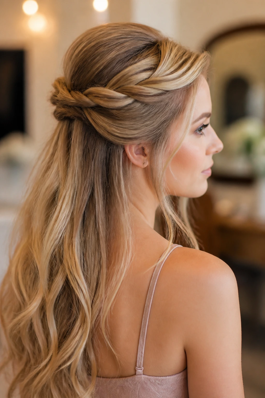 Real woman with half-up crown twist hairstyle