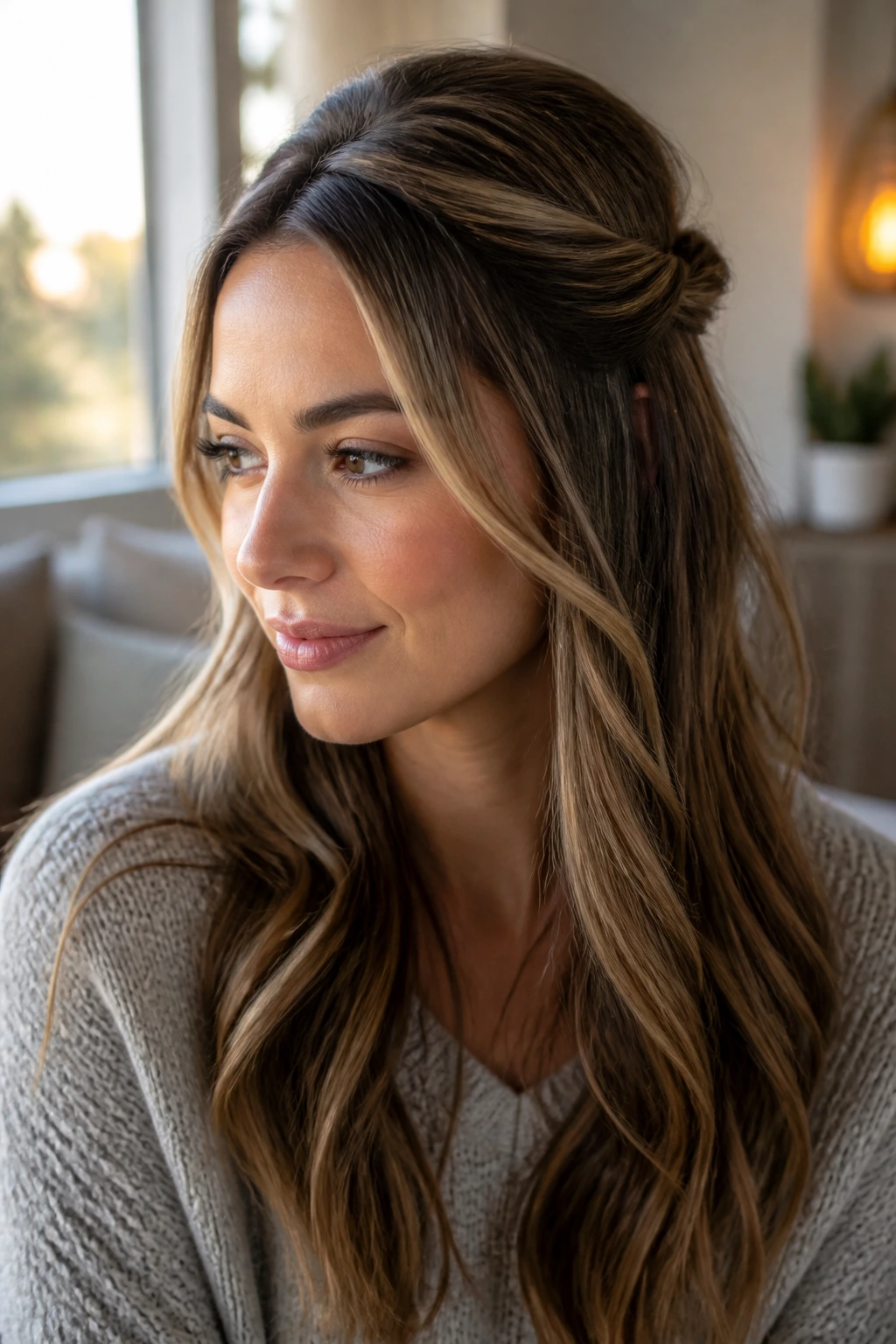 Close-up of half-up crown twist with loose length and caramel highlights