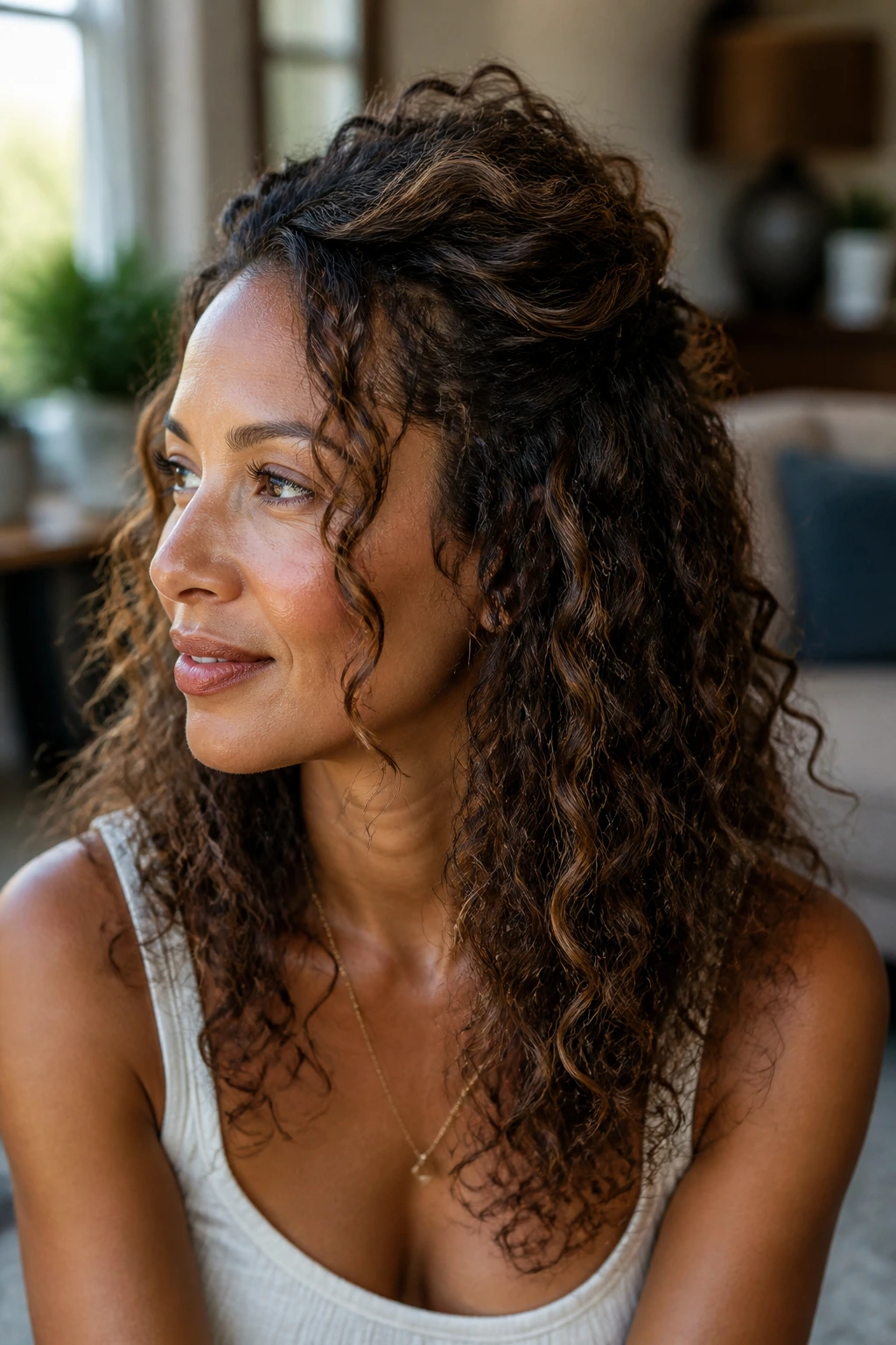 Portrait of a woman wearing a half-up crown twist with loose curls.